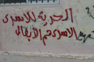 صورة لشعارات نضالية على أحد جدران مخيم الدهيشة، بيت لحم، 2015 