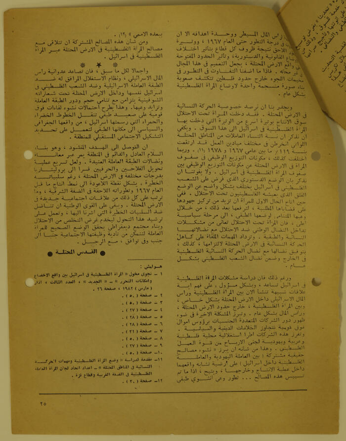 مجموعة مقالات في جريدة الجديد منها مقال إبراهيم الدقاق عن نضال المرأة الفلسطينية ومشكلاته وآفاقه