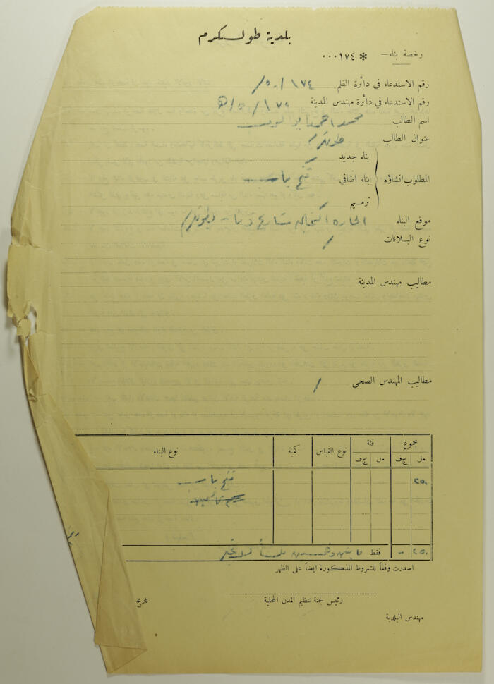 Muhammad Ahmad abu ar-Rub's House Plan Issued by Tulkarm Municipality, 1950
