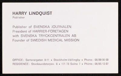 The Business Card of Harry Linquist, Stockholm 