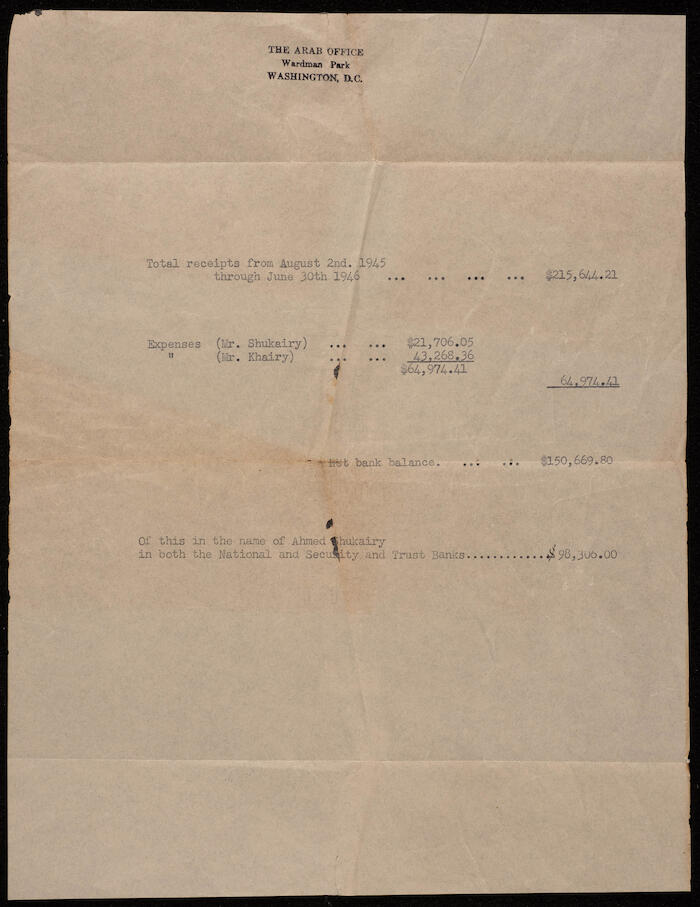 An Account Statement from the Arab Office in Washington, 1945