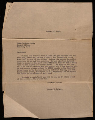 A Letter from Chase National Bank to Musa Alami, 1947