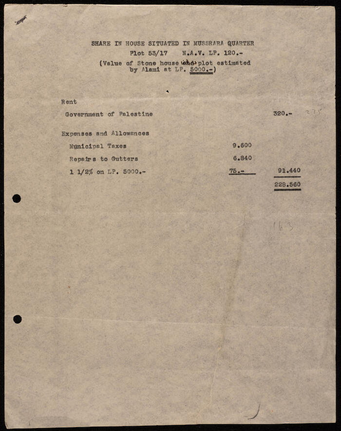 أوراق ضرائب وإيجار تخص بيت لعائلة العلمي، القدس، 1941-1942