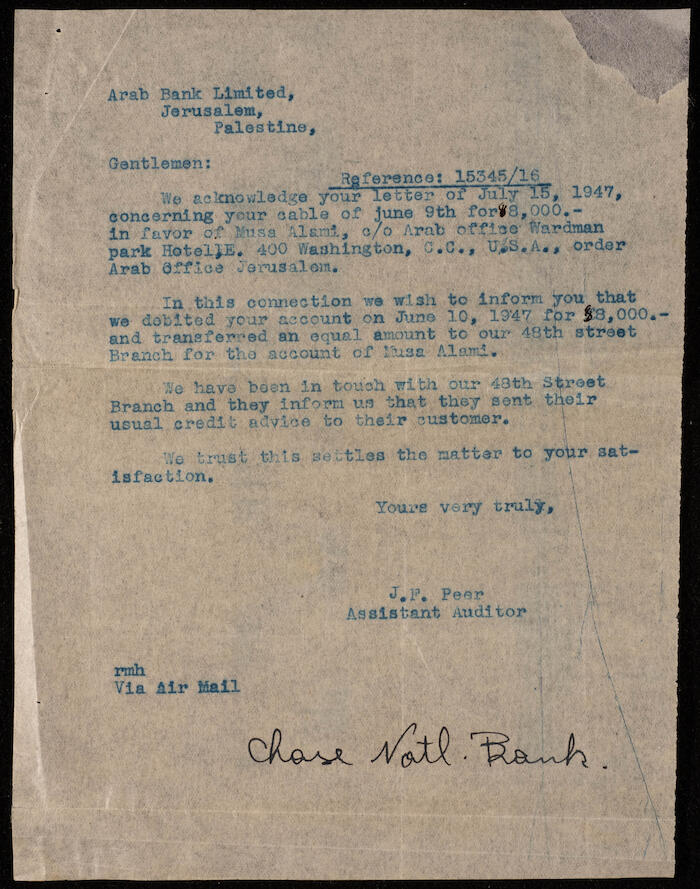 A Letter from the Arab Bank to Musa al-Alami, 15 July 1947