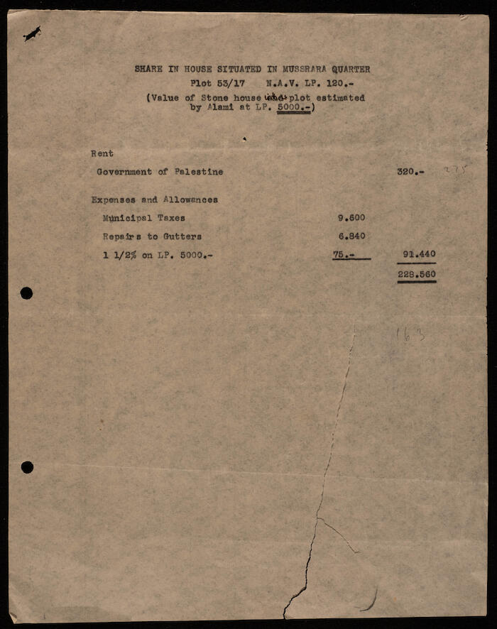 أوراق ضرائب وإيجار تخص بيت لعائلة العلمي، القدس، 1941-1942