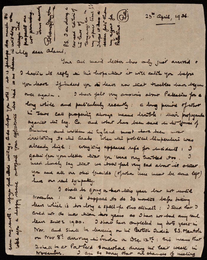 An Official Letter Addressed to Musa Alami, 23 April 1936 