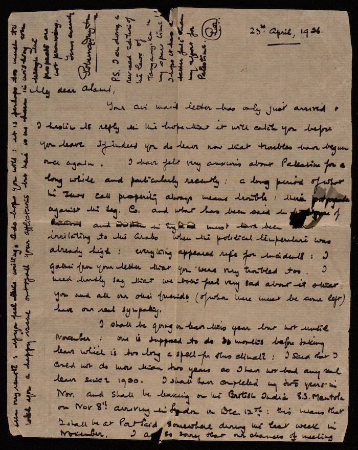 An Official Letter Addressed to Musa Alami, 23 April 1936 