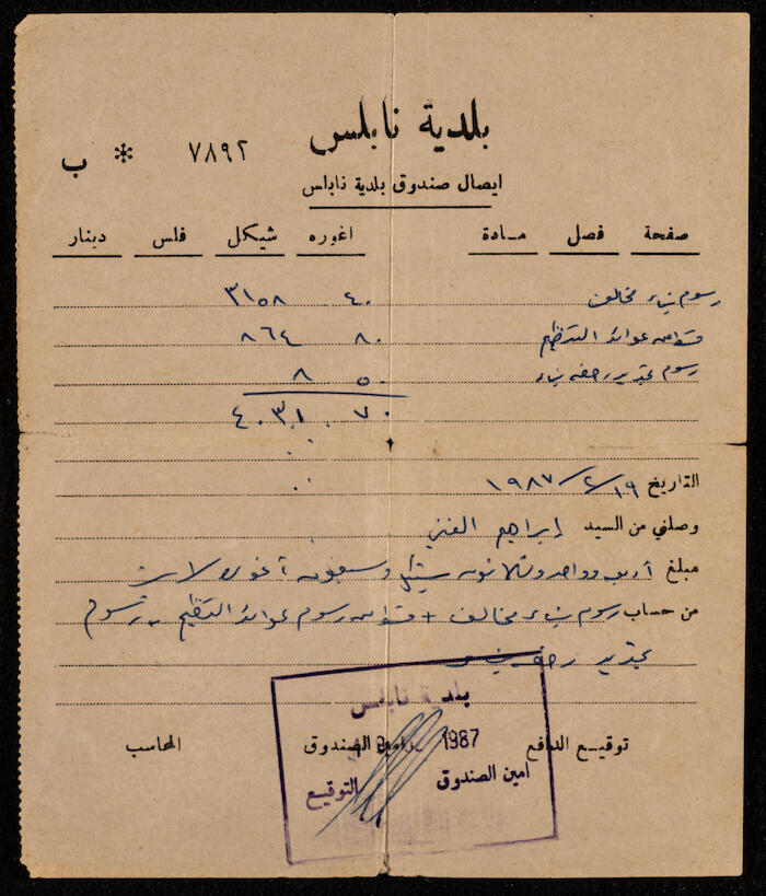 "إيصال صندوق بلدية نابلس"، 19 شباط 1987