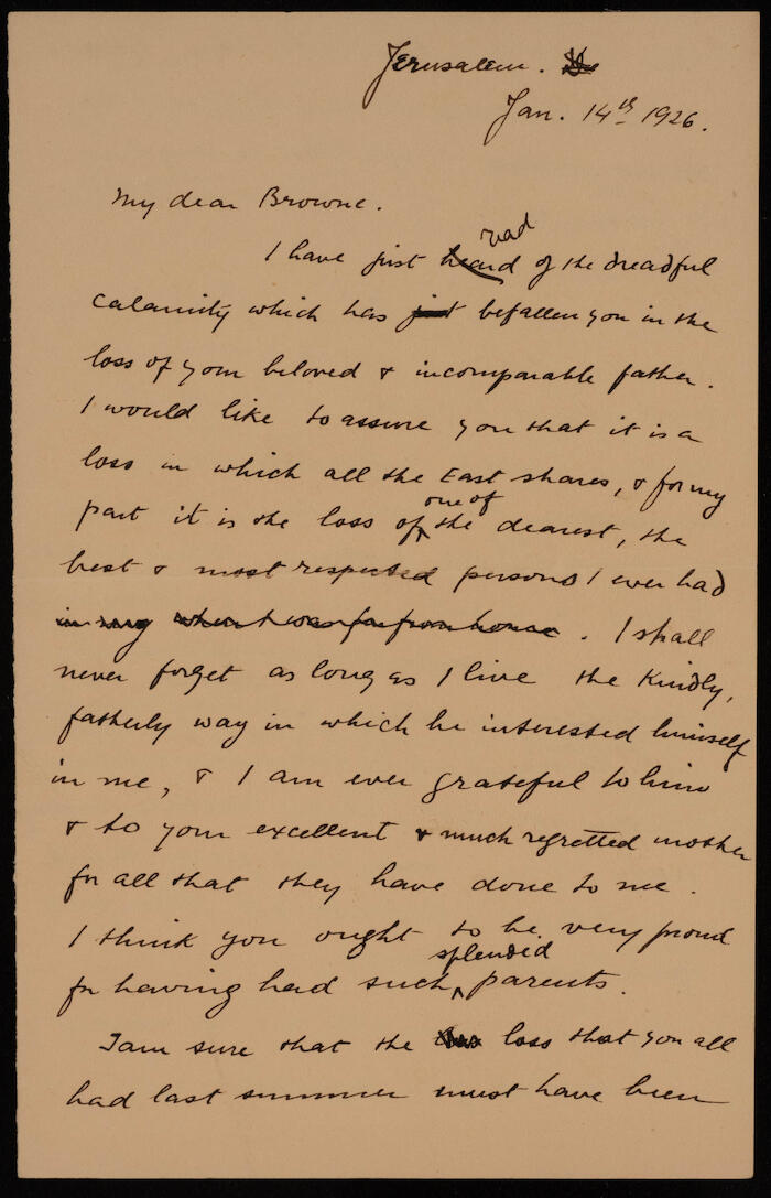 A Letter of Condolences from Musa Alami, 1926