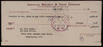 A Cheque by the American Security and Trust Company in Washington to Musa Alami, 19 May 1948