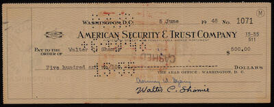 A Cheque by the American Security and Trust Company in Washington to Walter Shamie, 5 June 1948
