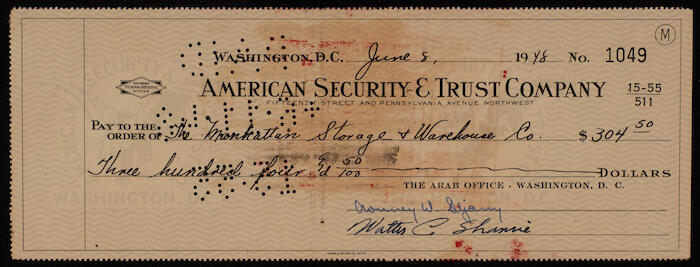 A Cheque by the American Security and Trust Company in Washington to Walter Shamie, 8 June 1948