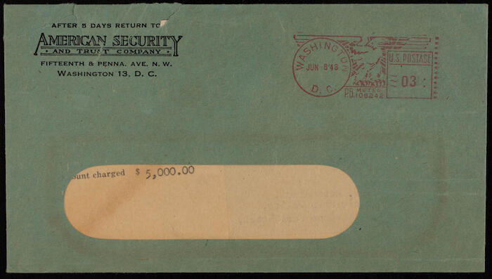 A Cheque by the American Security and Trust Company in Washington to Musa Alami, 8 June 1948