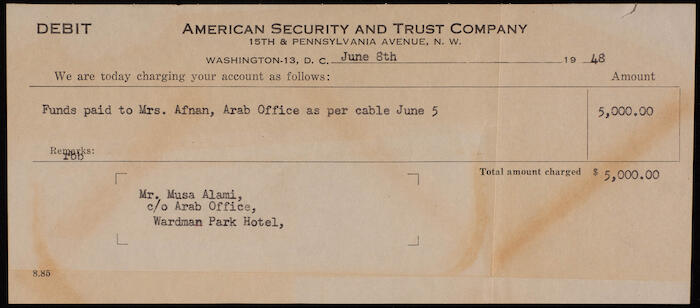 A Cheque by the American Security and Trust Company in Washington to Musa Alami, 8 June 1948