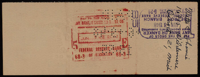 A Cheque by the American Security and Trust Company in Washington to Walter Shamie, 5 June 1948