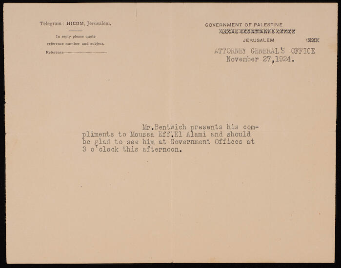 ATelegram from the Attorney General's Office of the Government of Palestine to Musa Alami, 27 November 1924