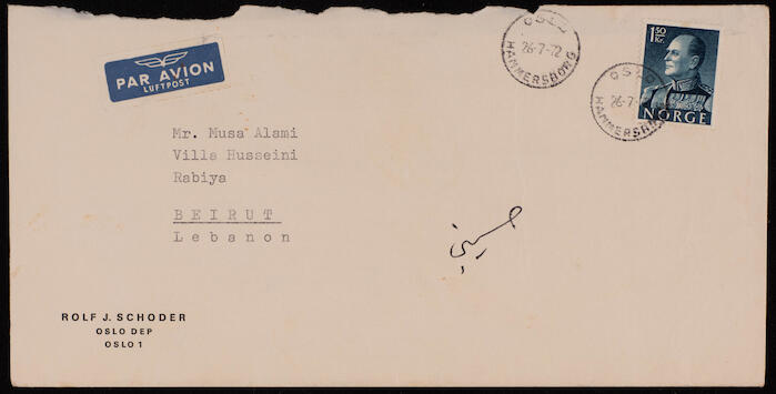 A Letter from Rolf J. Schoder to Musa Alami, Oslo, 25 July 1972