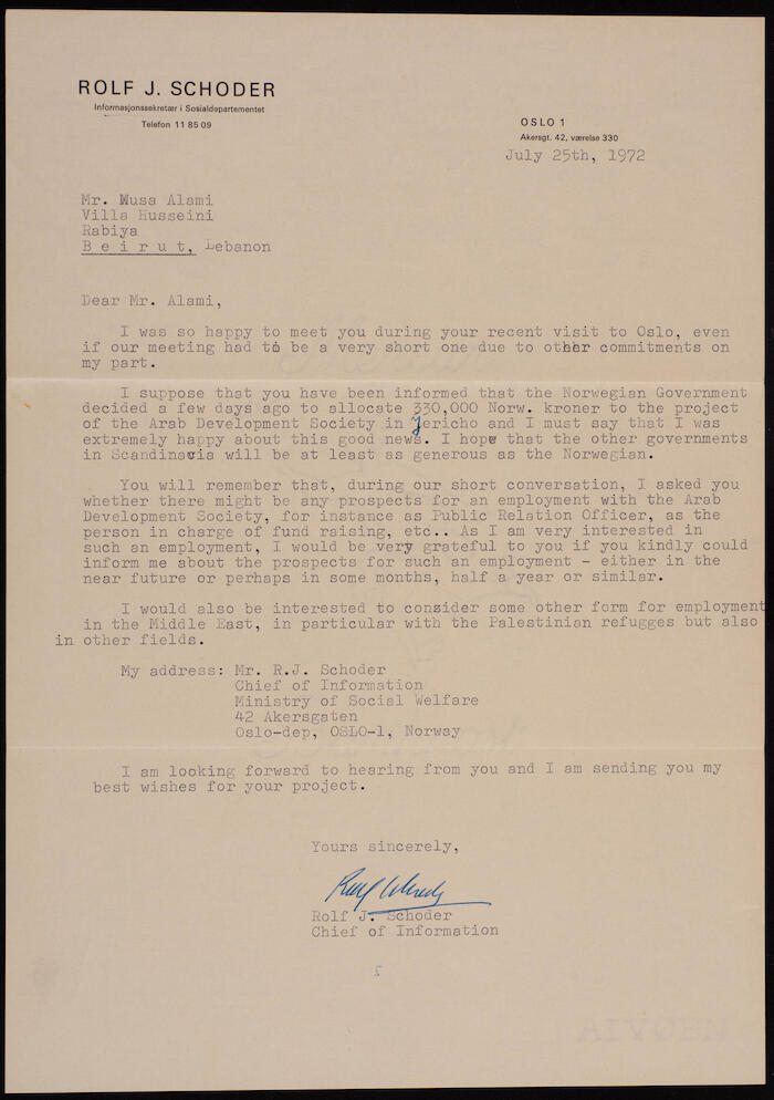 A Letter from Rolf J. Schoder to Musa Alami, Oslo, 25 July 1972