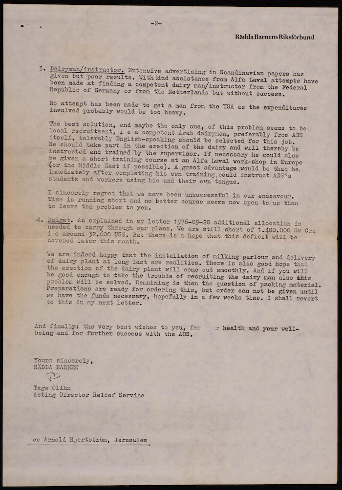 An Official Letter to Musa al-Alami from Radda Barhen and Tage Olihn, Sweden, 9 December 1976