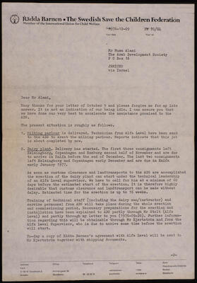 An Official Letter to Musa al-Alami from Radda Barhen and Tage Olihn, Sweden, 9 December 1976