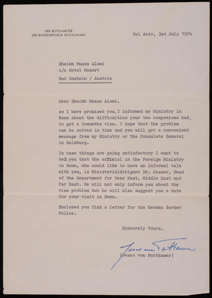 An Official Letter from the Ambassador of Germany to Musa al-Alami, 3 July 1974