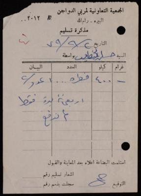 "Delivery Note", Issued by the Cooperative Association for Poultry Breeders for Hasan Khatib, 2 September 1979