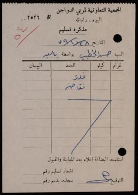 "Delivery Note", Issued by the Cooperative Association for Poultry Breeders for Hasan Khatib, 28 October 1979