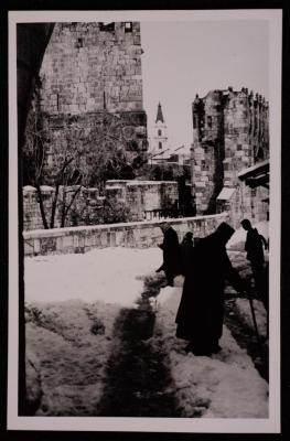 The Bab al-Khalil area in Jerusalem in the snow, a Photograph by Yousef Albina, the 1920s-30s