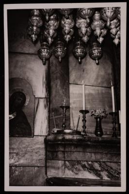 A Photograph of Some Candlesticks and Lamps Inside the Church of the Holy Sepulcher in   Jerusalem,  by Yousef Albina, the 1920s -30s