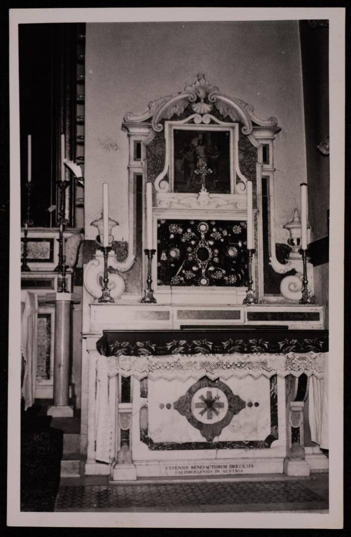A Photograph of Some Candlesticks on a Marble Table Inside the Church of the Holy Sepulcher in Jerusalem,  by Yousef Albina, the 1920s -30s