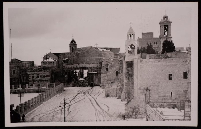 The Church of the Nativity Yard During Snow in Bethlehem, a Photograph by Yousef Albina, the 1920s-30s