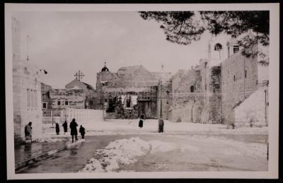 The Church of the Nativity Yard During Snow in Bethlehem, a Photograph by Yousef Albina, the 1920s-30s