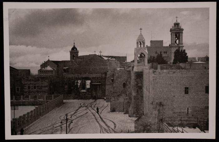 The Church of the Nativity Yard During Snow in Bethlehem, a Photograph by Yousef Albina, the 1920s-30s