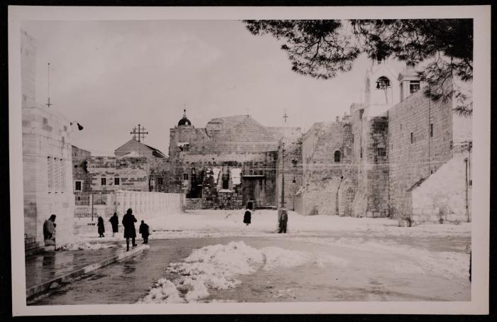 The Church of the Nativity Yard During Snow in Bethlehem, a Photograph by Yousef Albina, the 1920s-30s