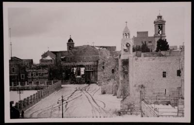 The Church of the Nativity Yard During Snow in Bethlehem, a Photograph by Yousef Albina, the 1920s-30s
