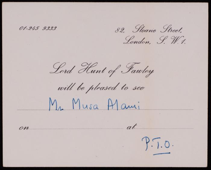 Meeting Confirmation Card between Musa al-Alami and Lord Hunt, 11 July 