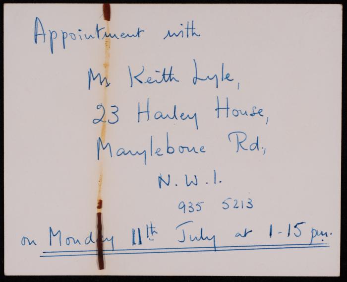 Meeting Confirmation Card between Musa al-Alami and Lord Hunt, 11 July 