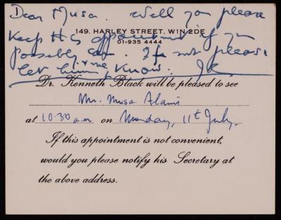 Appointment Card between Musa al-Alami and Dr Kenneth Black, 11 July 