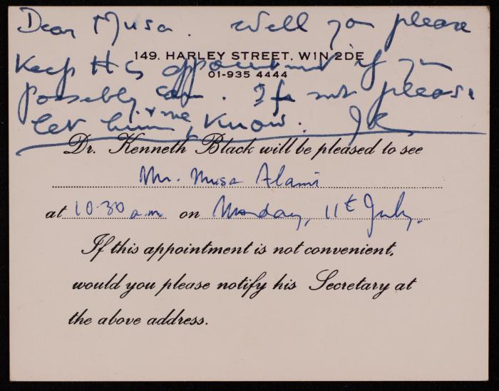 Appointment Card between Musa al-Alami and Dr Kenneth Black, 11 July 