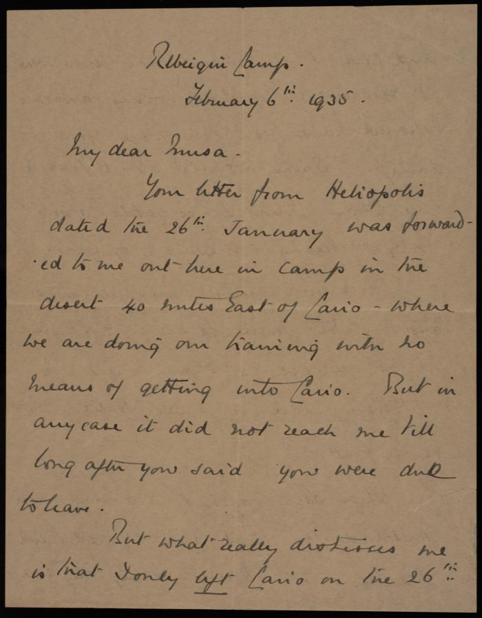 A Letter from Ralph Shelby to Musa al-Alami, 1935