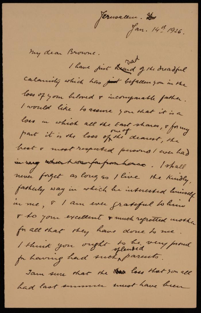 A Letter of Condolences from Musa Alami, 1926