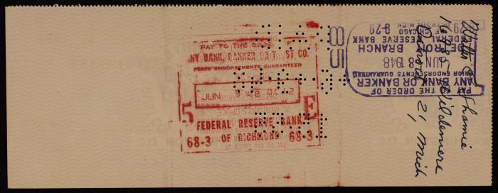 A Cheque by the American Security and Trust Company in Washington to Walter Shamie, 5 June 1948