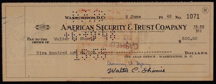 A Cheque by the American Security and Trust Company in Washington to Walter Shamie, 5 June 1948