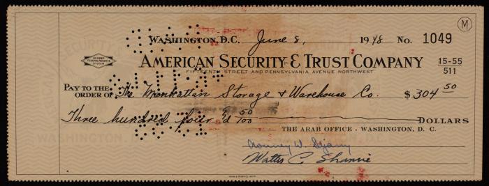 A Cheque by the American Security and Trust Company in Washington to Walter Shamie, 8 June 1948