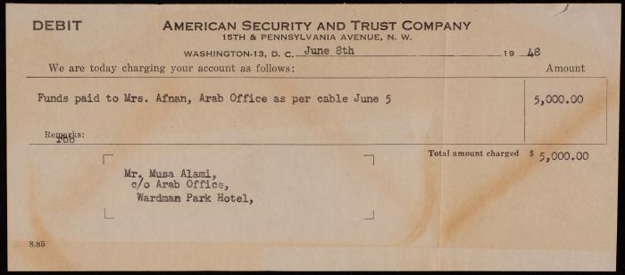 A Cheque by the American Security and Trust Company in Washington to Musa Alami, 8 June 1948