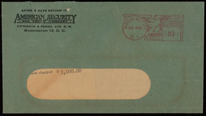 A Cheque by the American Security and Trust Company in Washington to Musa Alami, 8 June 1948