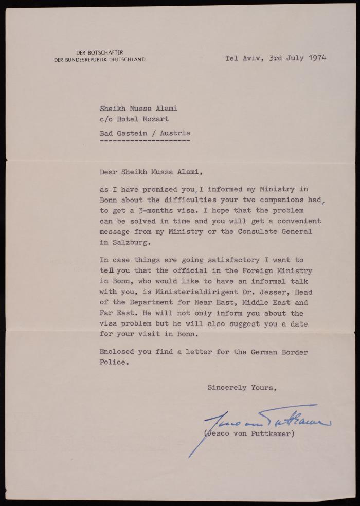 An Official Letter from the Ambassador of Germany to Musa al-Alami, 3 July 1974