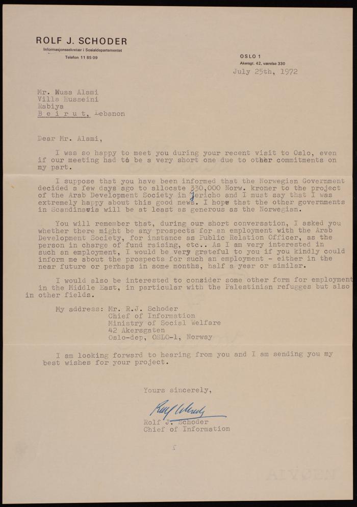 A Letter from Rolf J. Schoder to Musa Alami, Oslo, 25 July 1972