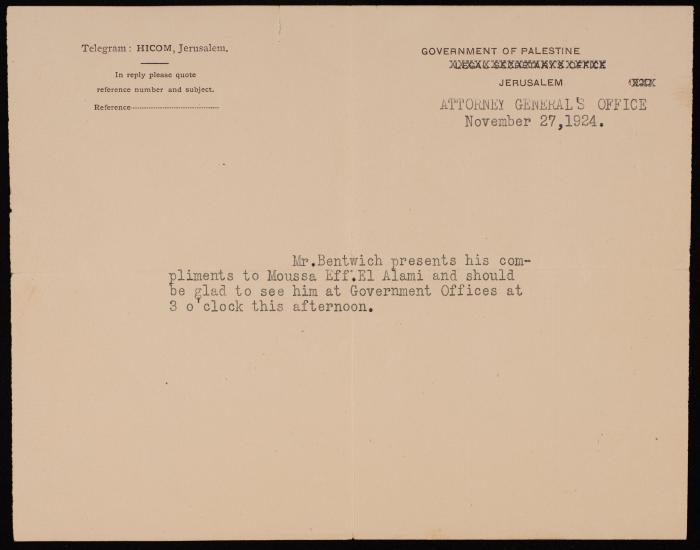 ATelegram from the Attorney General's Office of the Government of Palestine to Musa Alami, 27 November 1924