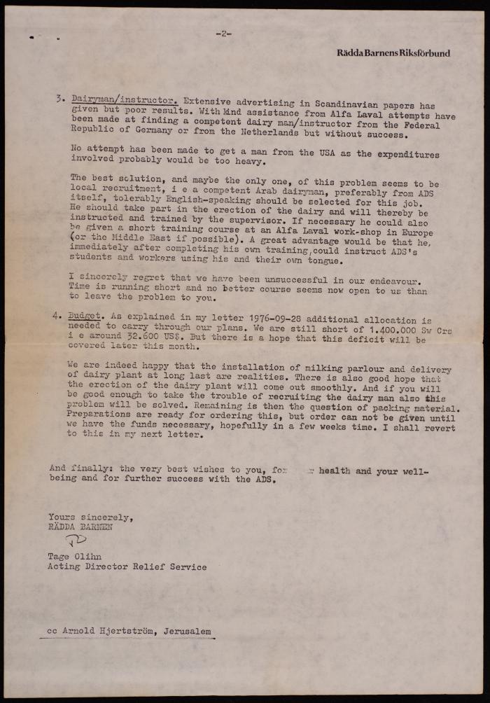 An Official Letter to Musa al-Alami from Radda Barhen and Tage Olihn, Sweden, 9 December 1976